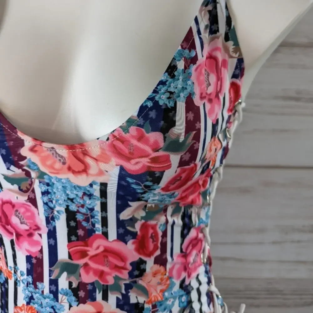 SheIn Floral Stripe Side Tie One Piece Swimsuit sz Medium